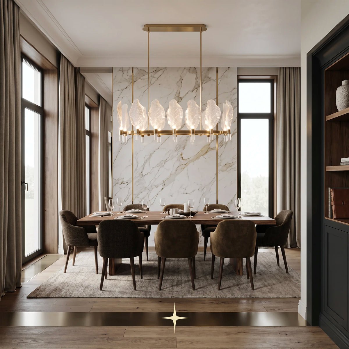 Linear Pristine chandelier featuring classic Murano-style leaves and a refined golden structure