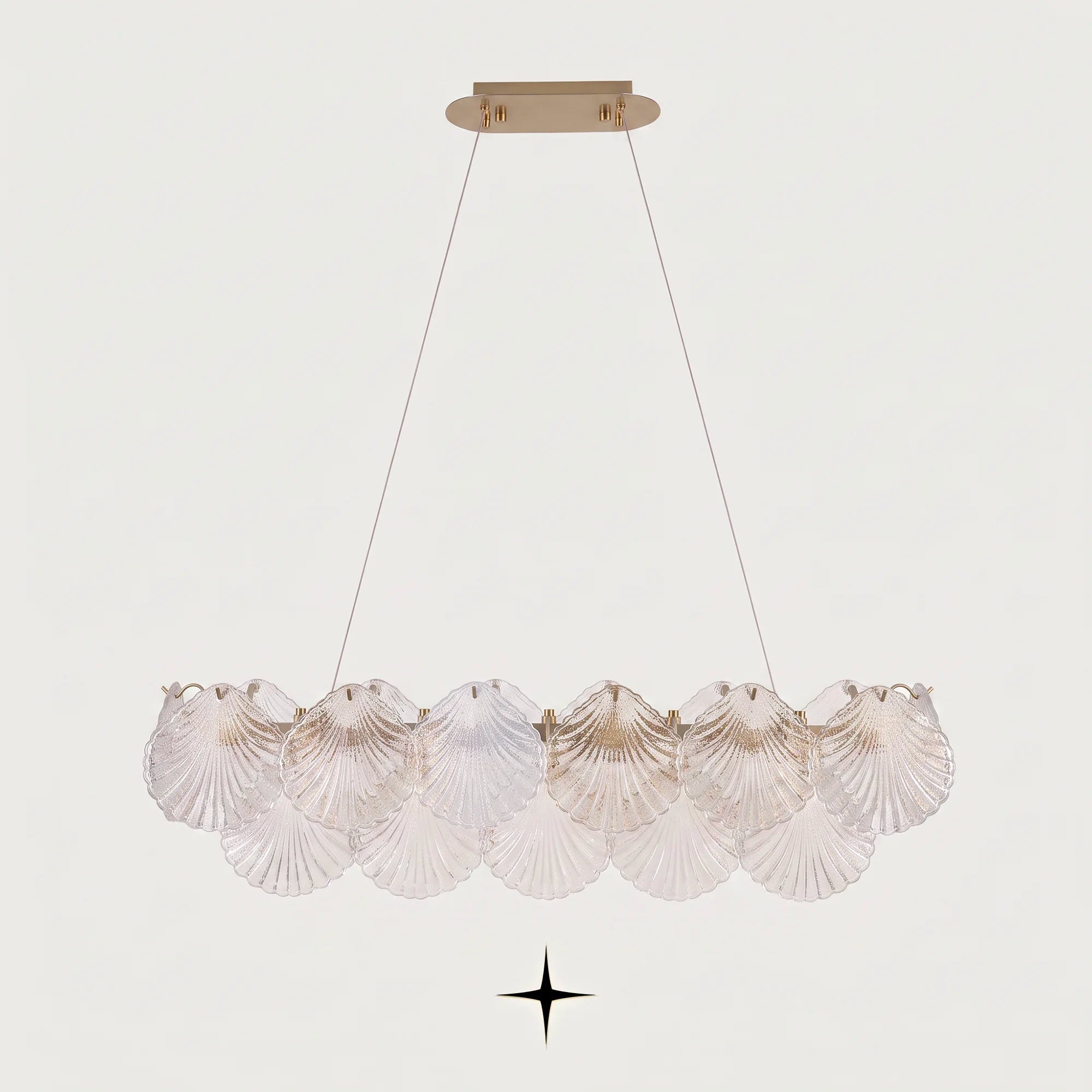 Front view of Linear Shellina coastal seashell glass island light fixture on light grey backdrop