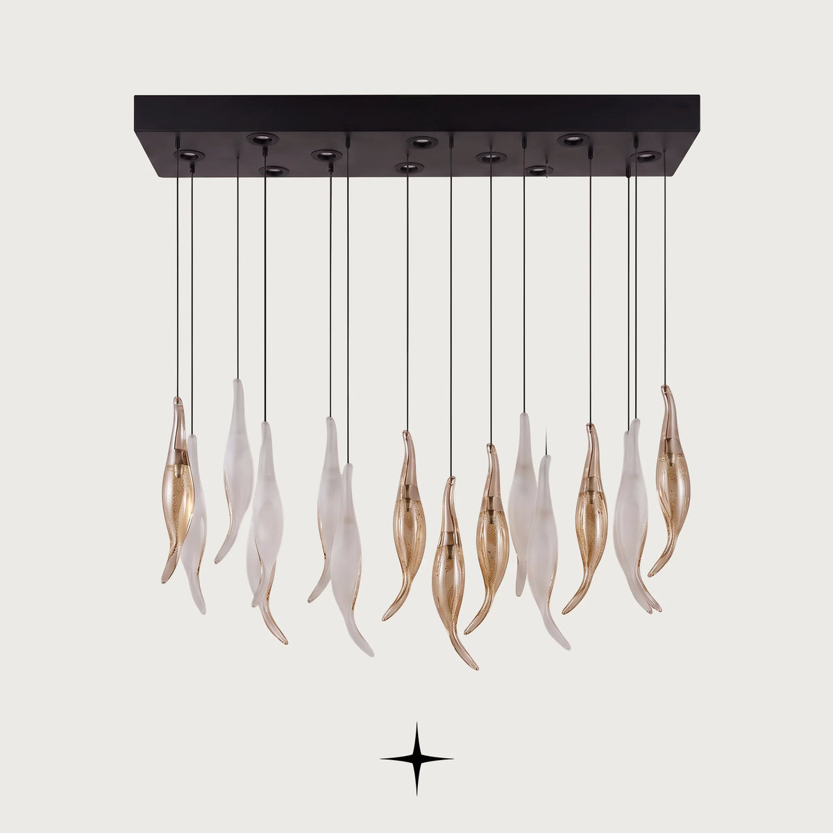 Linear Shine chandelier featuring dripping golden crystals and mesmerizing light reflections