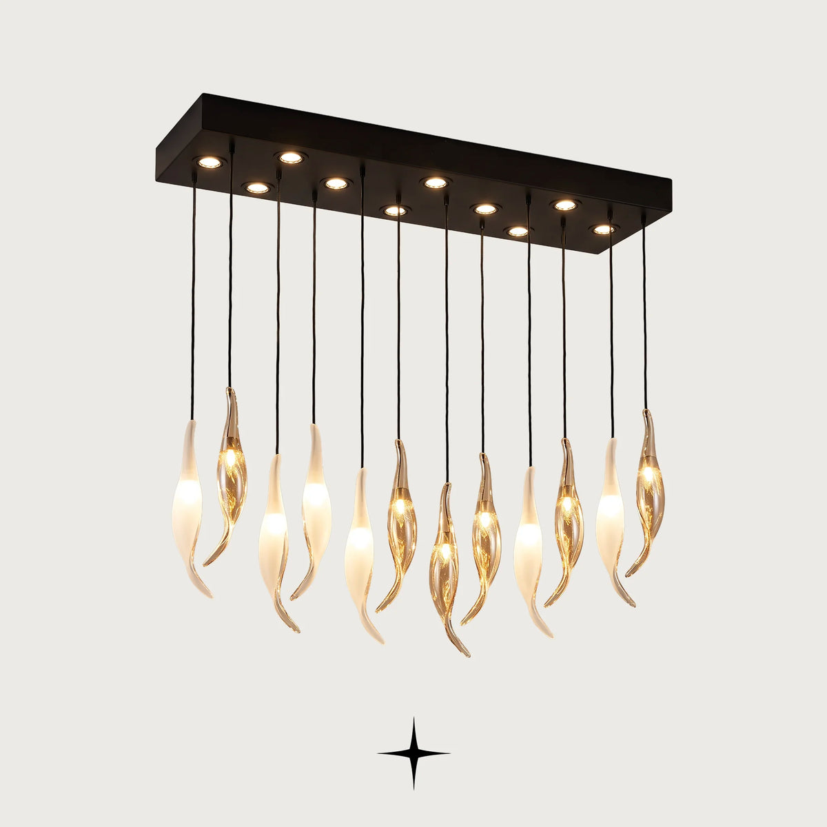 Linear Shine chandelier featuring dripping golden crystals and mesmerizing light reflections