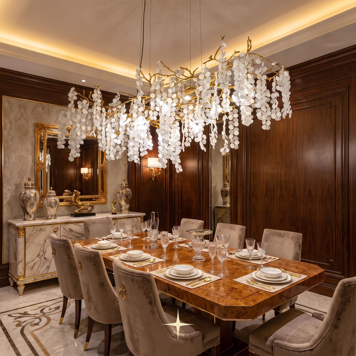 Linear Shiraz crystal droplet chandelier suspended over a luxury dining table