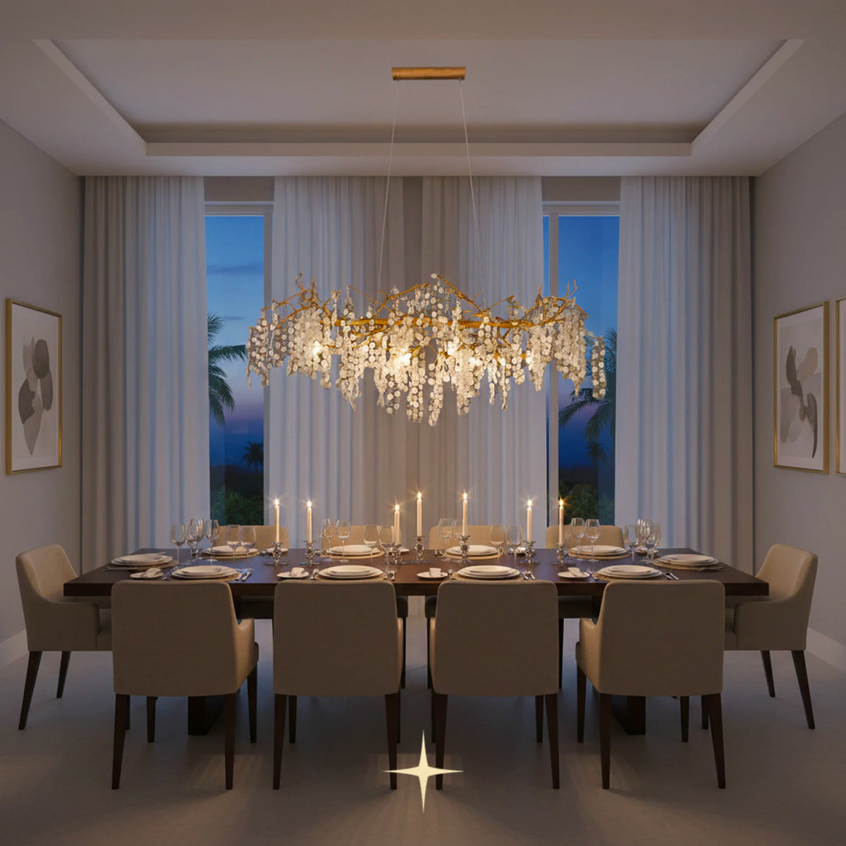 Linear Shiraz crystal droplet chandelier suspended over a luxury dining table