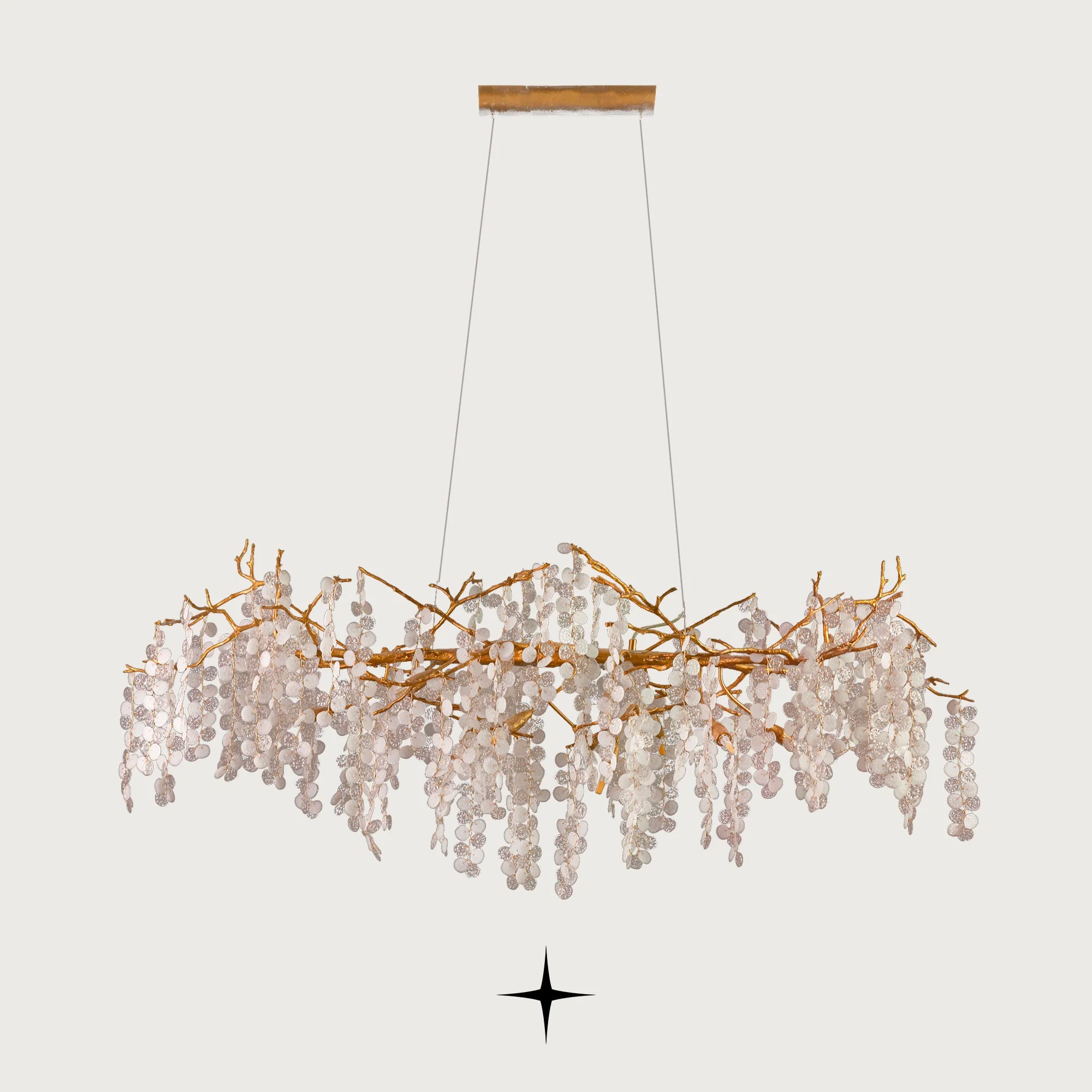 Front view of Linear Shiraz brass vine island lighting fixture on light grey backdrop