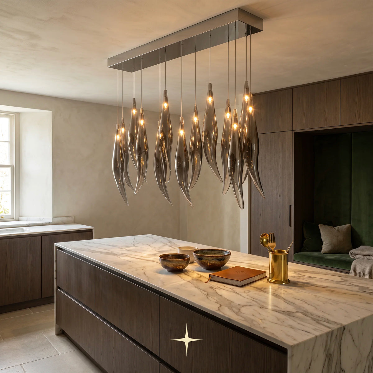Linear Smoke Bella 13 bulbs chandelier featuring cascading white flowers and smoke grey clear glass