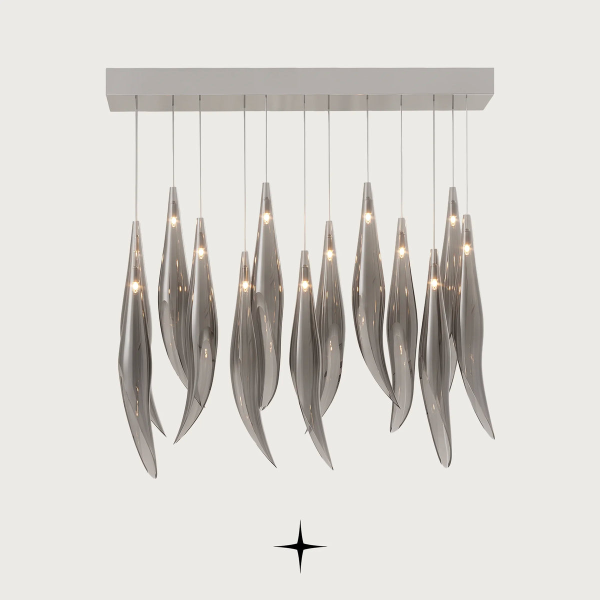 Linear Smoke Bella 13 bulbs chandelier featuring cascading white flowers and smoke grey clear glass