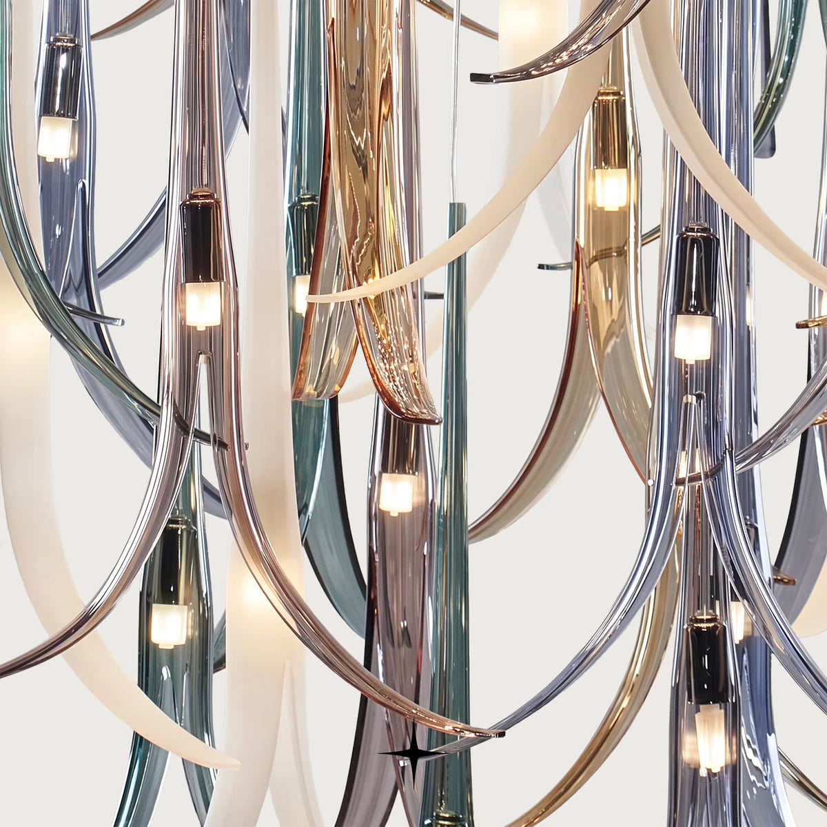 Linear Solomon chandelier featuring drop-down white and green Bohemian crystal flowers