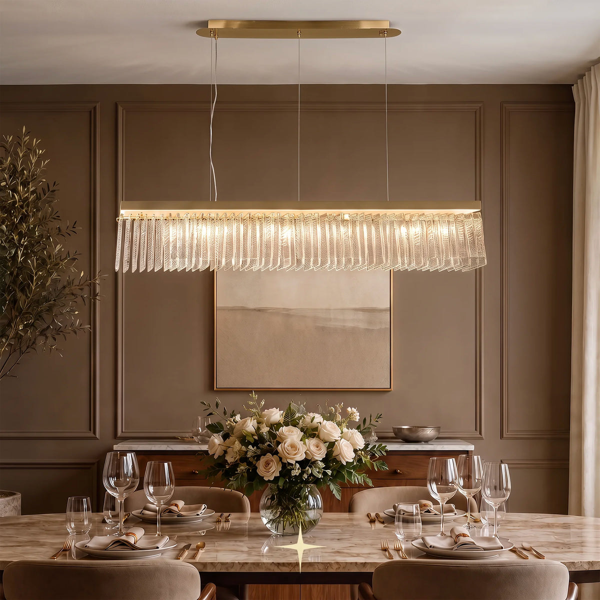 Linear Waterfall chandelier featuring cascading Murano-style glass elements and sophisticated warm illumination