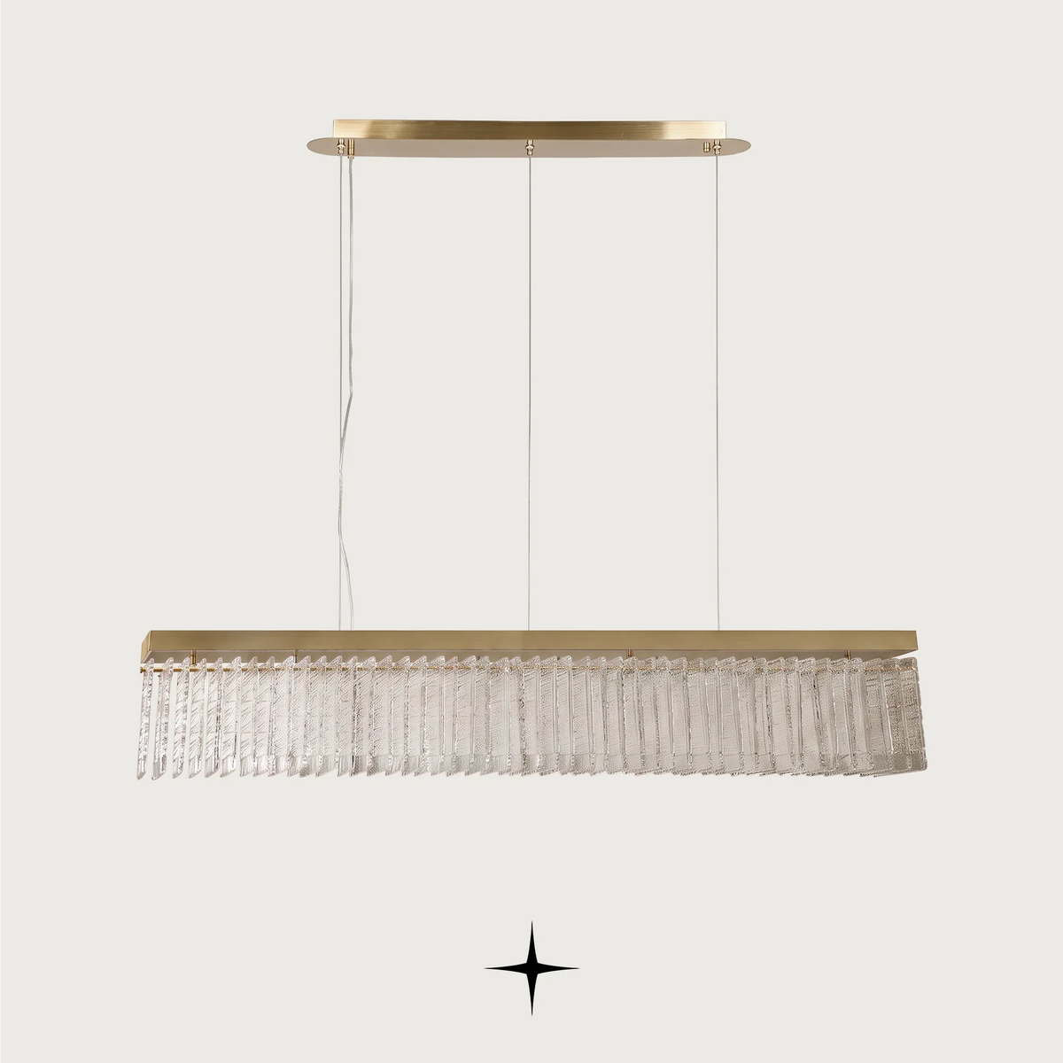 Linear Waterfall chandelier featuring cascading Murano-style glass elements and sophisticated warm illumination