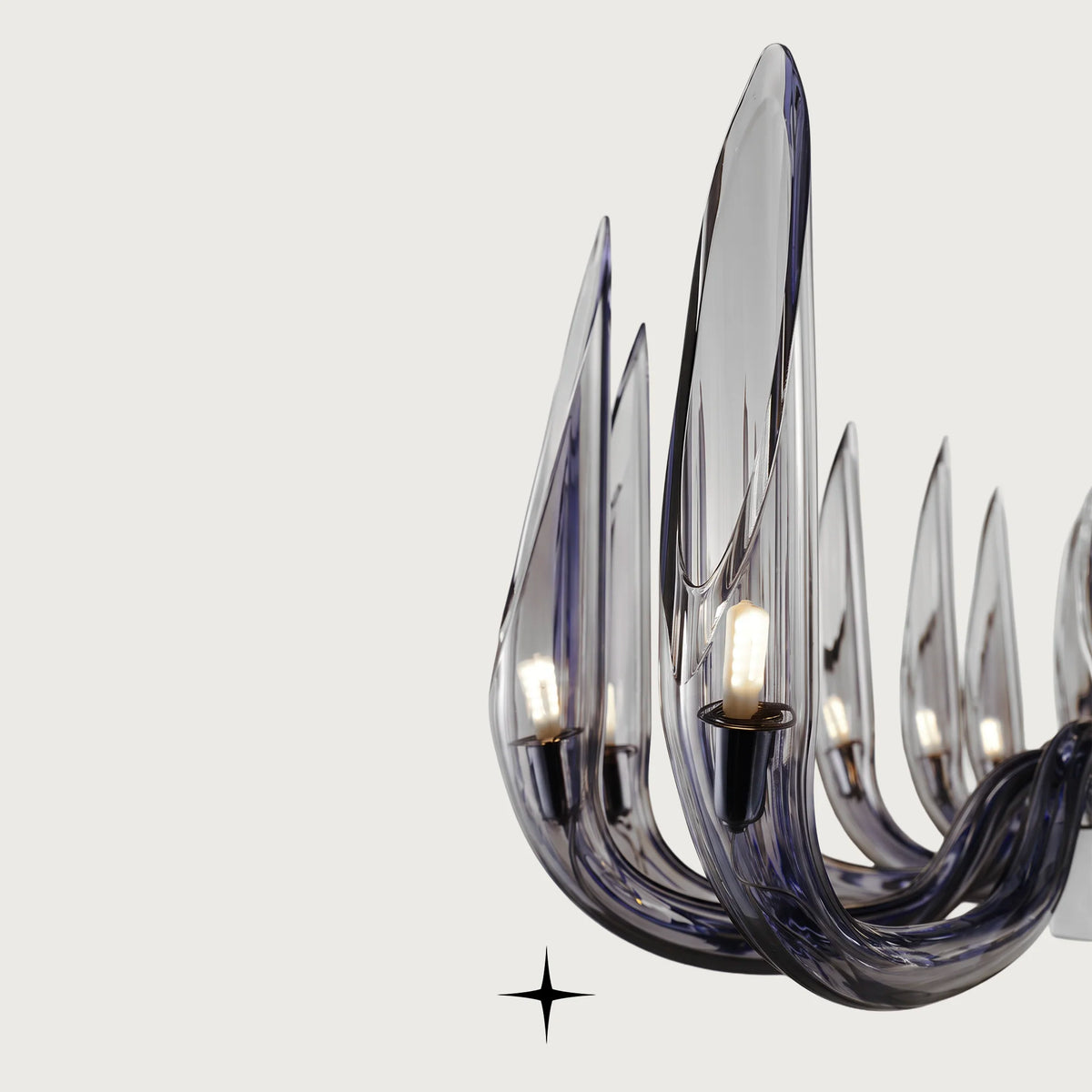 Linear Whistler chandelier featuring handmade smoke blue crystal bubbles and upward-facing wings