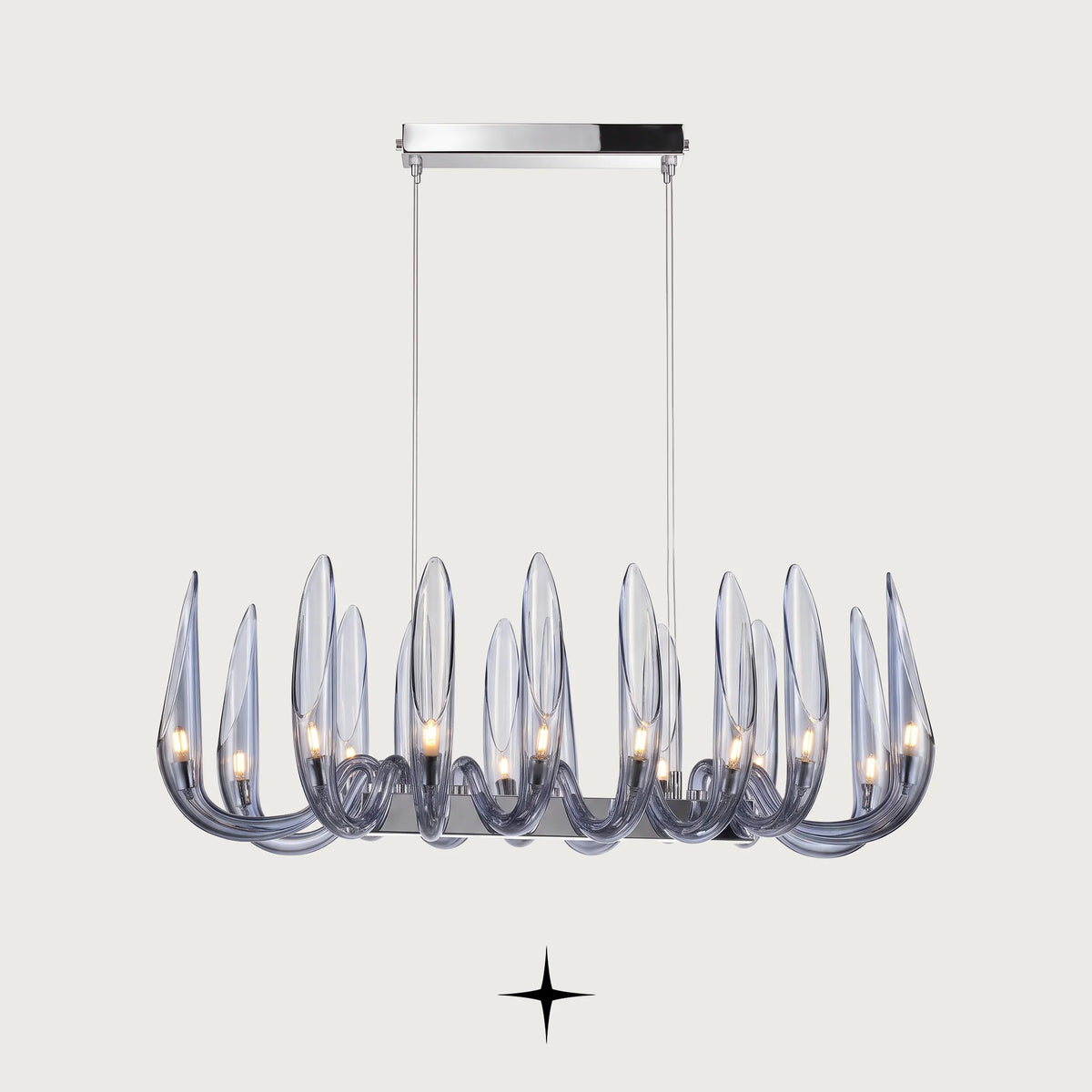 Linear Whistler chandelier featuring handmade smoke blue crystal bubbles and upward-facing wings