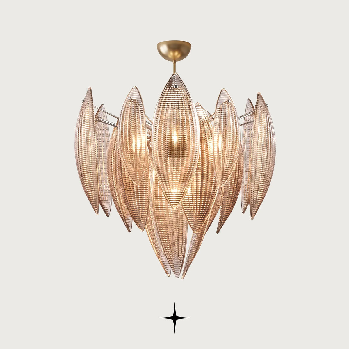 Lotus luxury circular chandelier featuring amber crystal lotus glass leaves and gold core frame