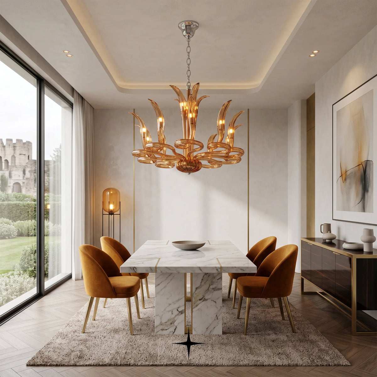 Shop the Lumina Chandelier featuring fiery crystal flames and vibrant orange hue. Elevate your luxury home interior with premium lighting from Ameria Home.