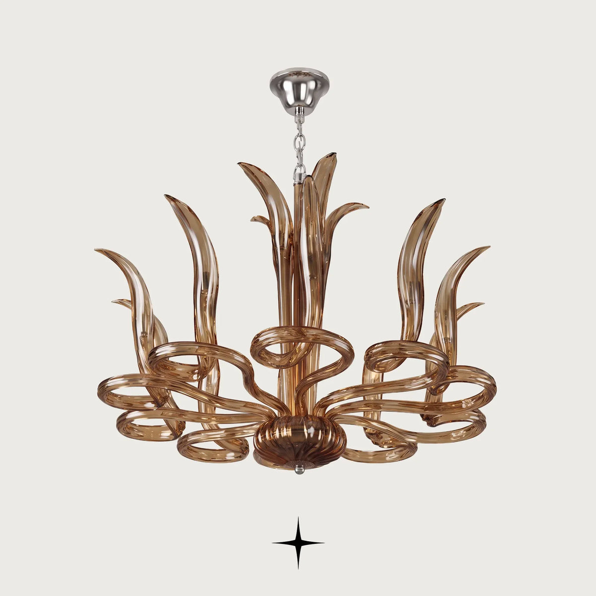 Lumina Chandelier featuring 4 top flames and 10 crystal flames with vibrant orange hue in a luxury design