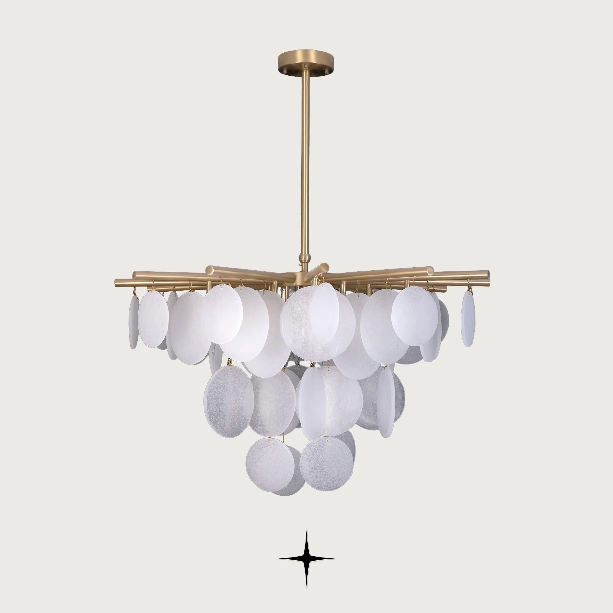 Front view of Lunaria frosted glass disc pendant lighting fixture on light grey backdrop