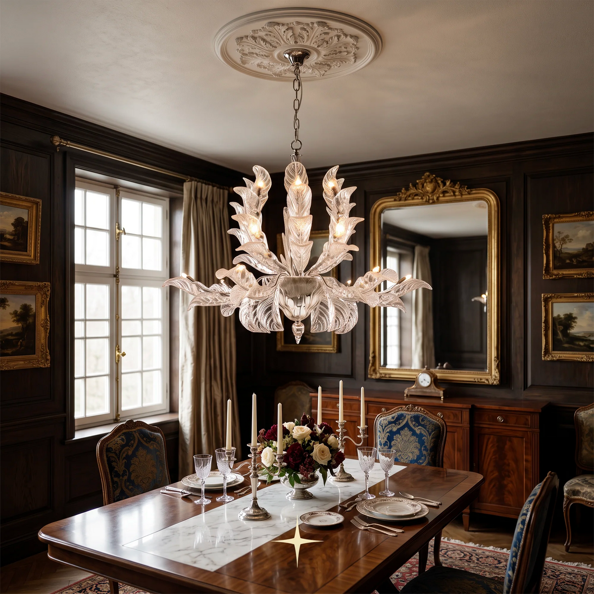 Madam crystal leaf chandelier installed above an elegant dining table setting