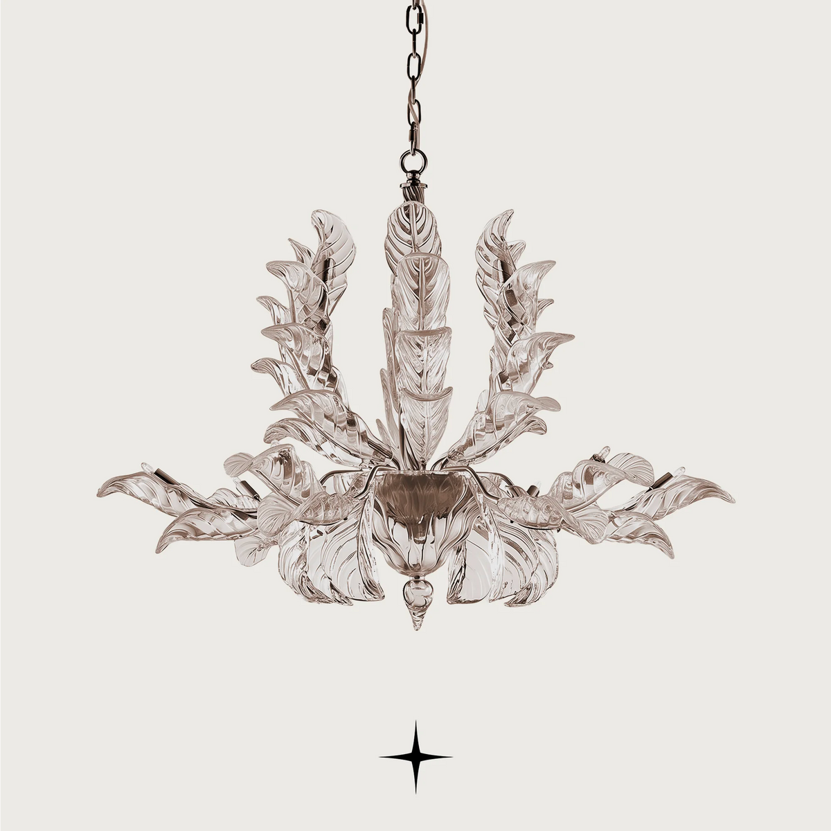 Madam luxury crystal chandelier displaying clear Murano-style glass leaves on a gold hanging frame
