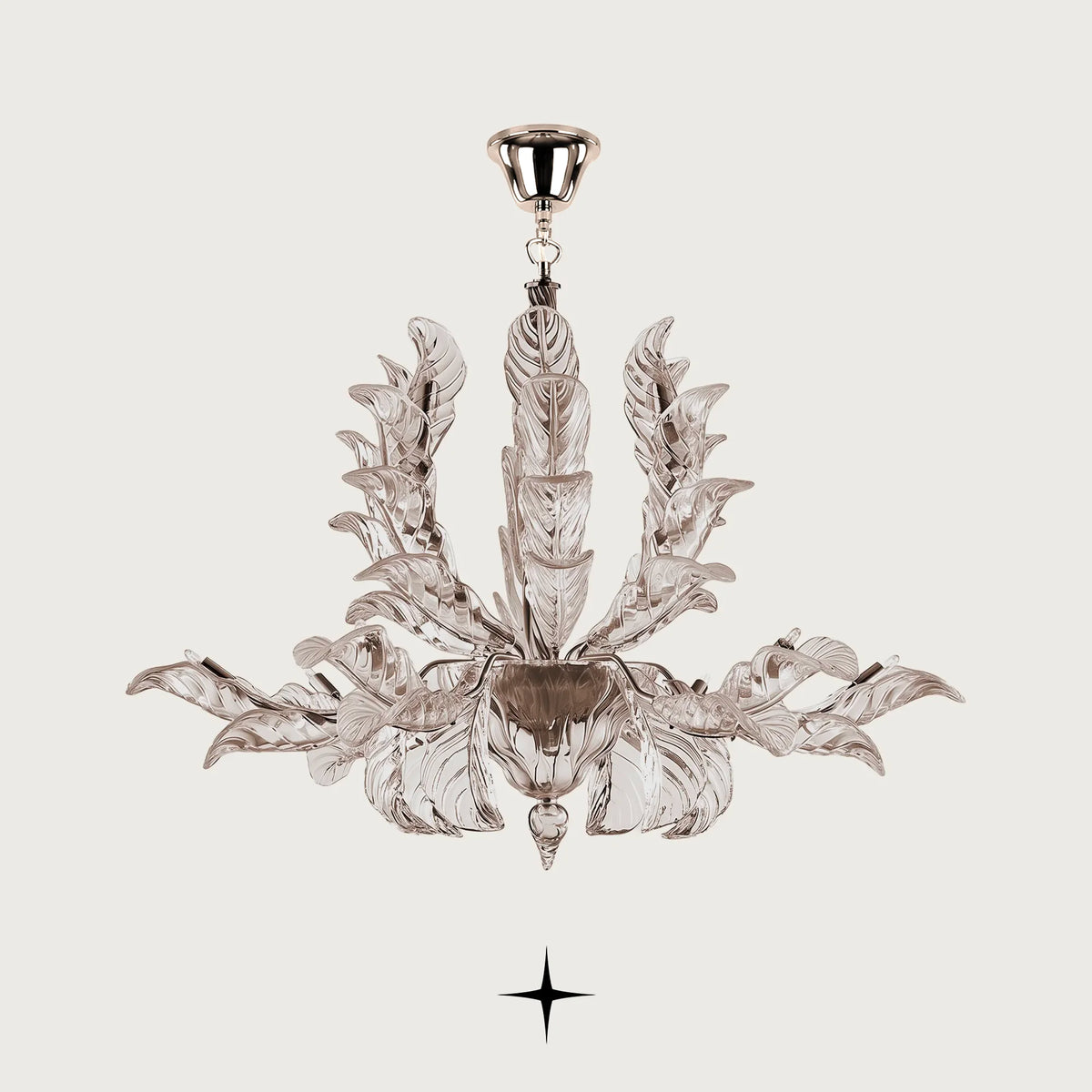 Madam luxury crystal chandelier displaying clear Murano-style glass leaves on a gold hanging frame