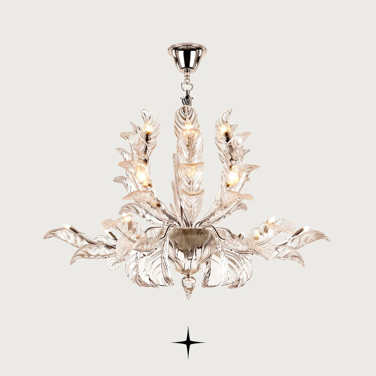 Madam luxury crystal chandelier displaying clear Murano-style glass leaves on a gold hanging frame