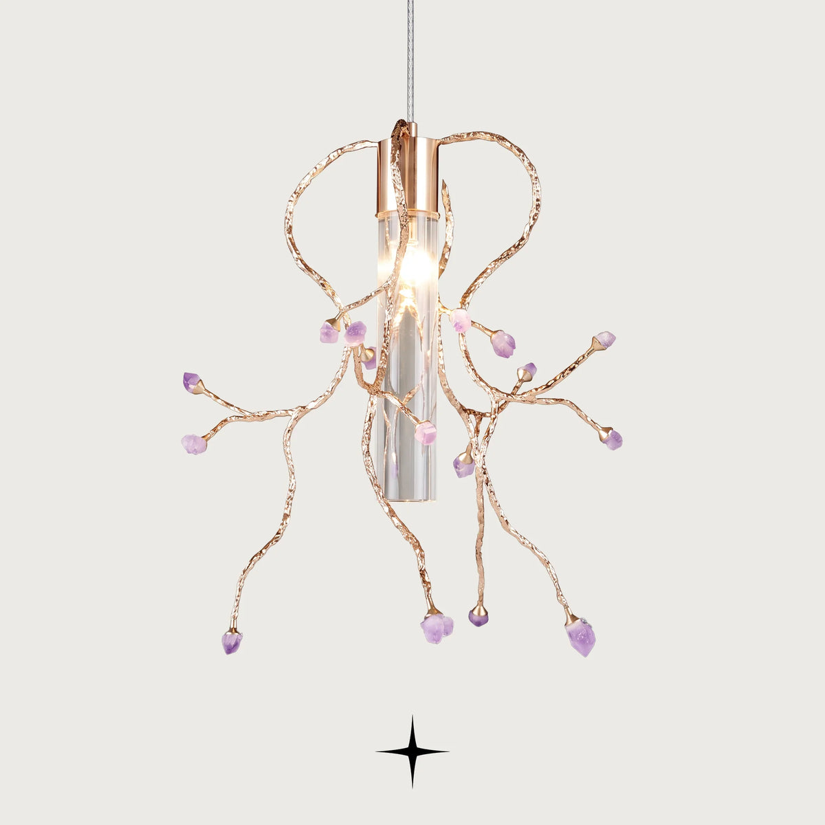 Elevate your home decor with the Madison Pendant Light, an exquisite fusion of classic elegance and modern artistry. Inspired by Murano-style craftsmanship, this monumental glass pendant light features lustrous brass branches adorned with natural purple rock accents and a glowing ribbed glass diffuser. Casting a warm, captivating light, it serves as a sophisticated focal point for modern living rooms, dining spaces, and boutique interiors.
