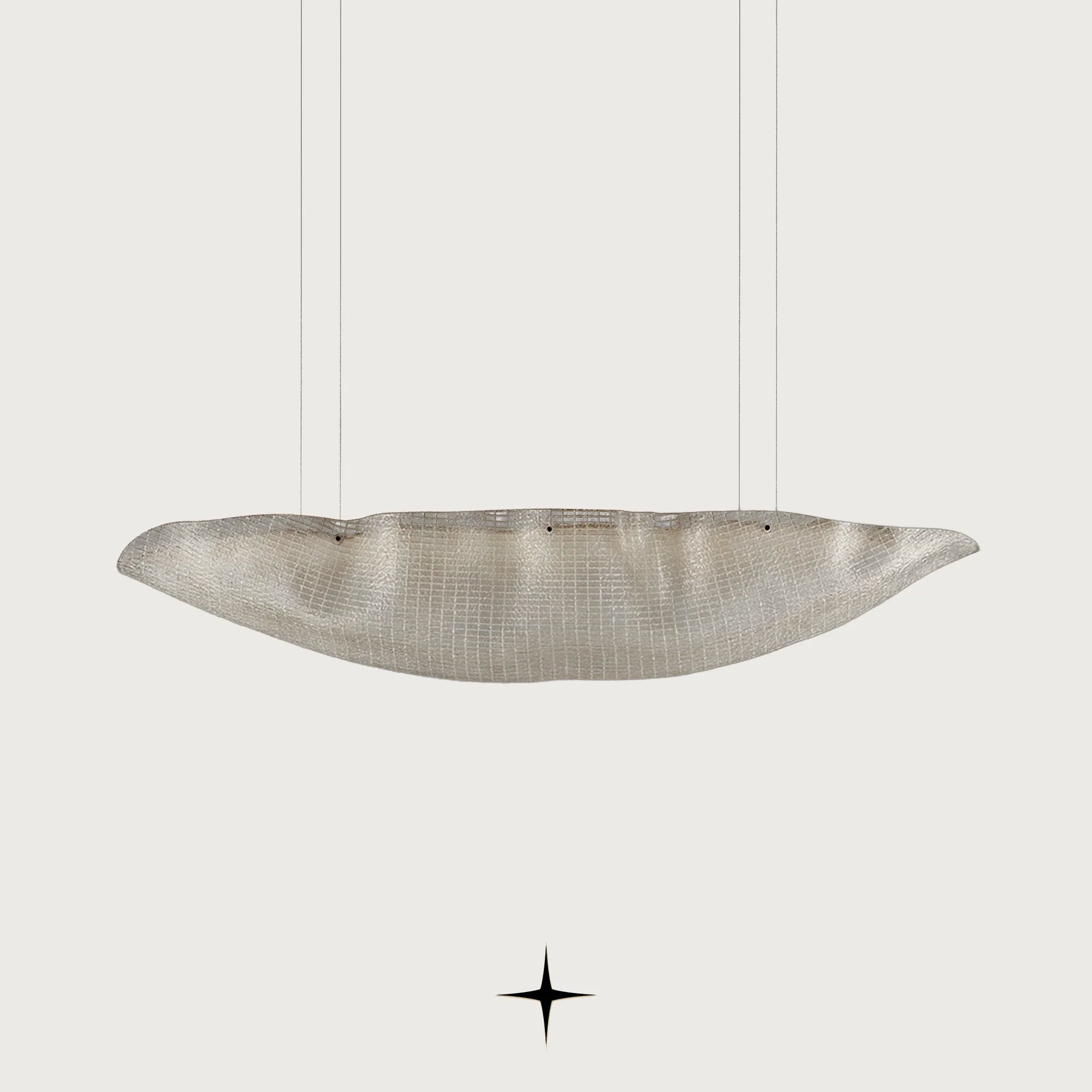 Front view of Marina curved linear glass art pendant fixture on light grey backdrop