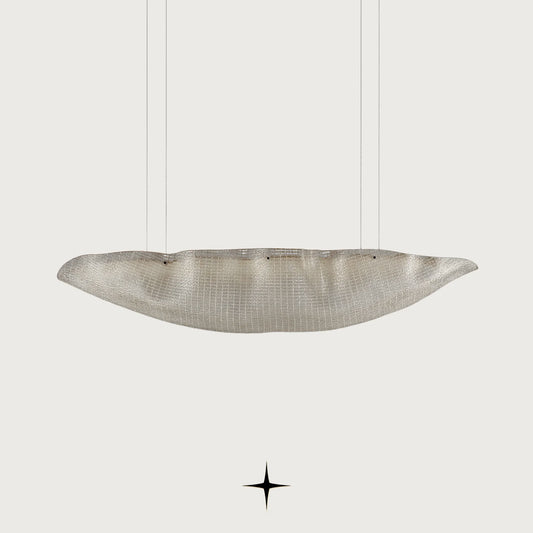 Front view of Marina curved linear glass art pendant fixture on light grey backdrop