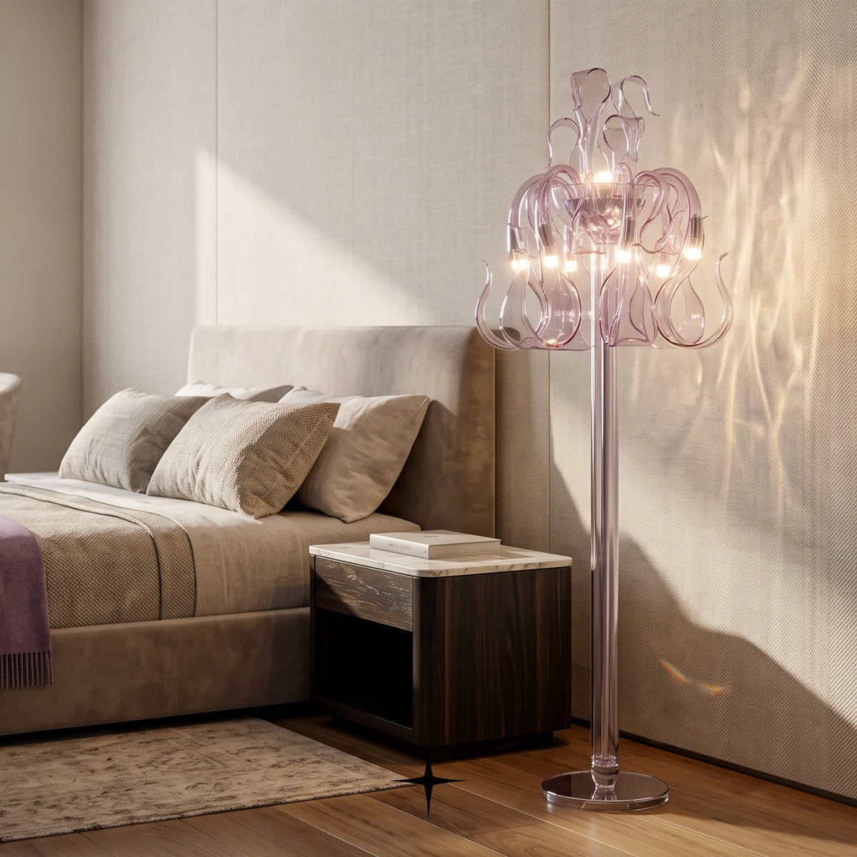 Close up detail of vibrant purple bohemian crystal arms on Matilda floor lamp with multiple curved arms and glowing bulbs, placed beside a bed in a softly lit bedroom.