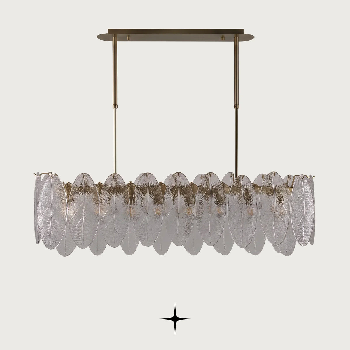 Melina horizontal Murano-style glass leaf chandelier with brushed nickel and gold frame on light grey background