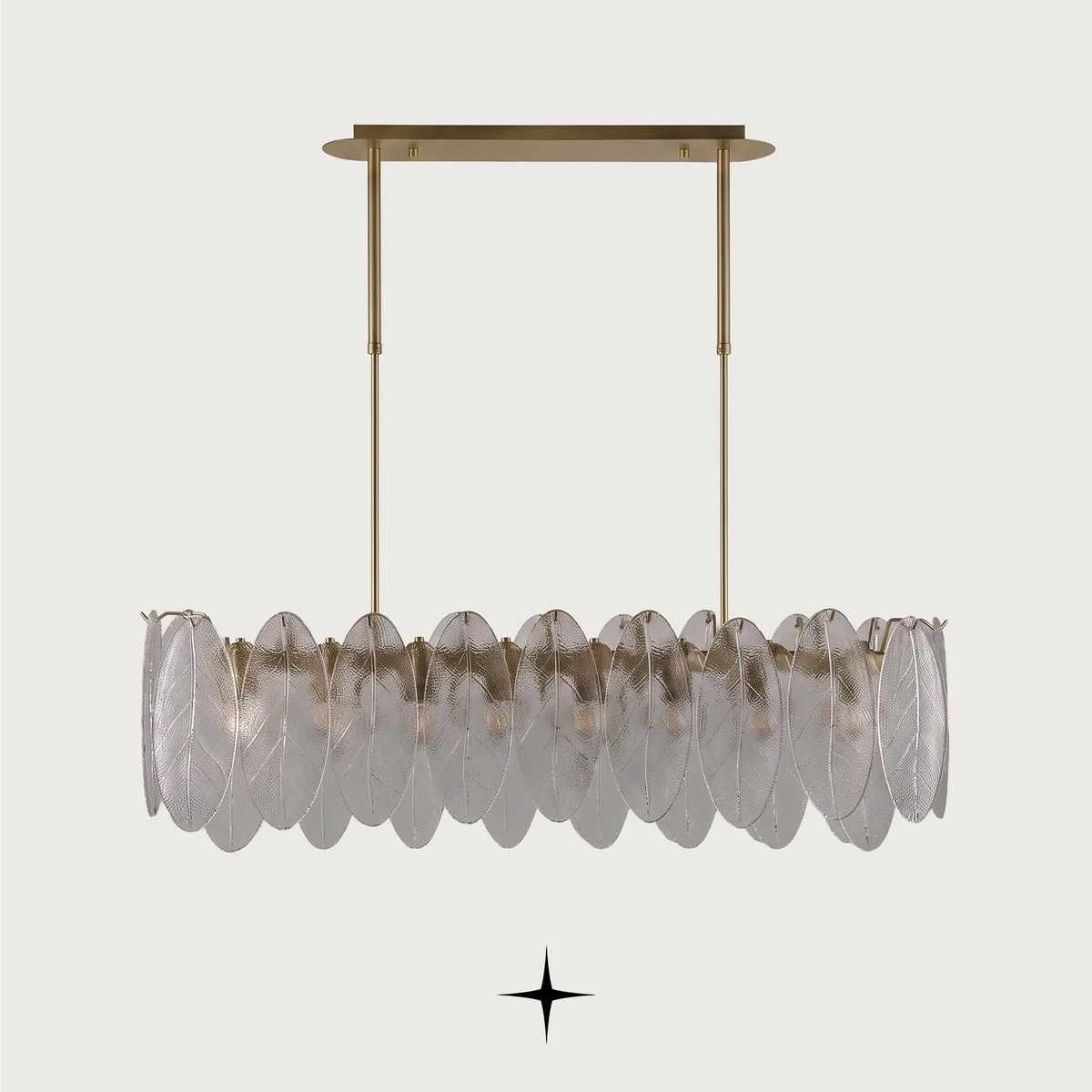 Melina horizontal Murano-style glass leaf chandelier with brushed nickel and gold frame on light grey background