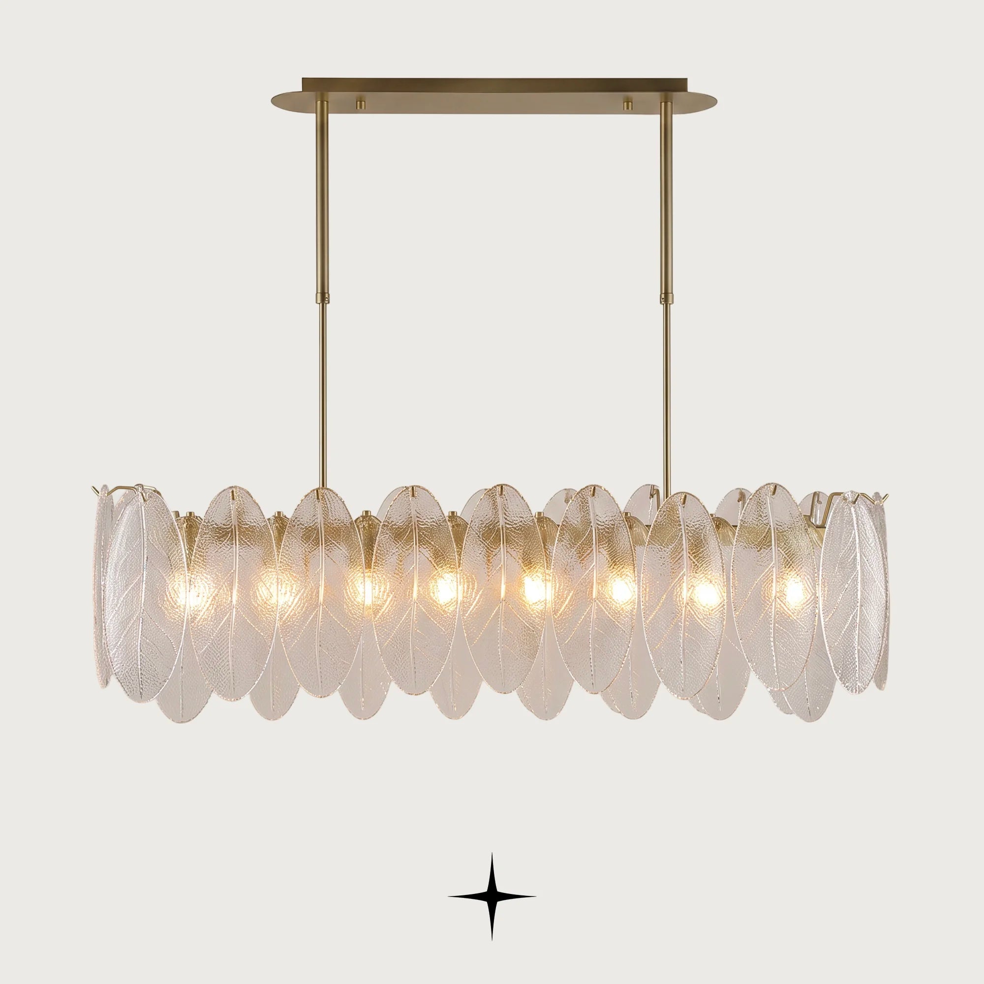 Melina horizontal Murano-style glass leaf chandelier with brushed nickel and gold frame on light grey background