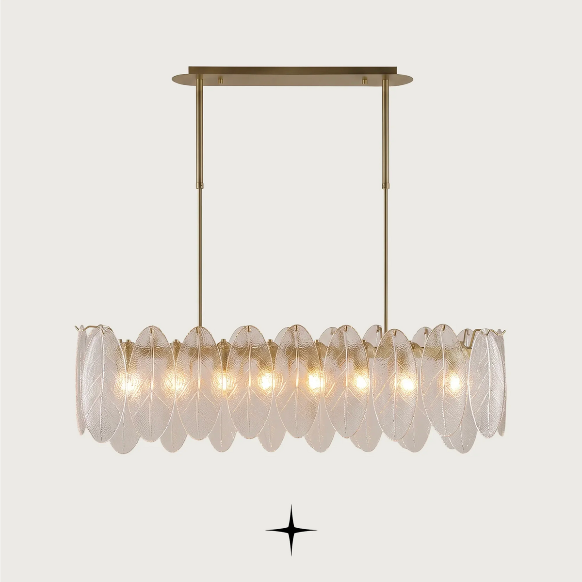 Melina horizontal Murano-style glass leaf chandelier with brushed nickel and gold frame on light grey background