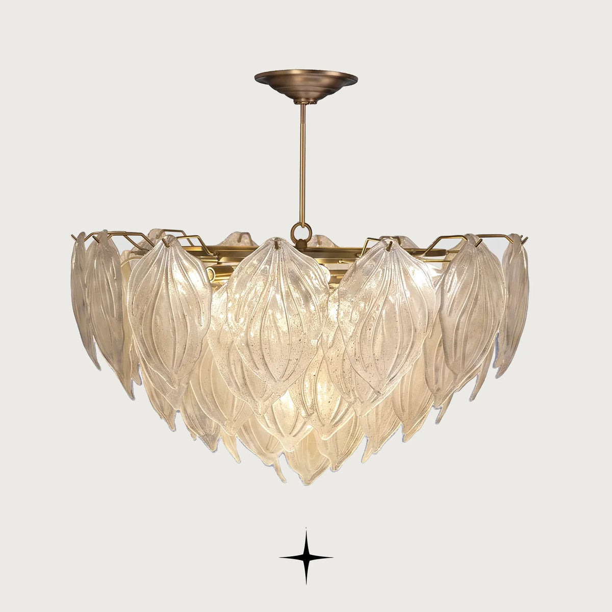 Elegant Mellow Glass Leaf Chandelier featuring textured glass shades resembling delicate leaves with warm brass accents