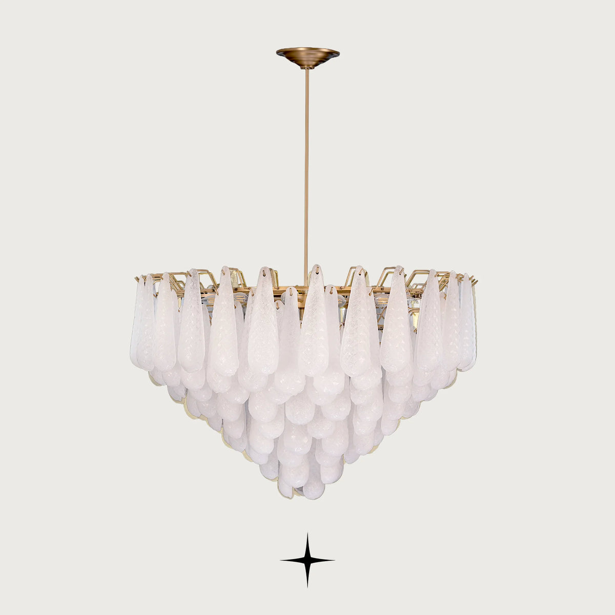 Front view of Miranda tiered glass droplet pendant chandelier on light grey backdrop