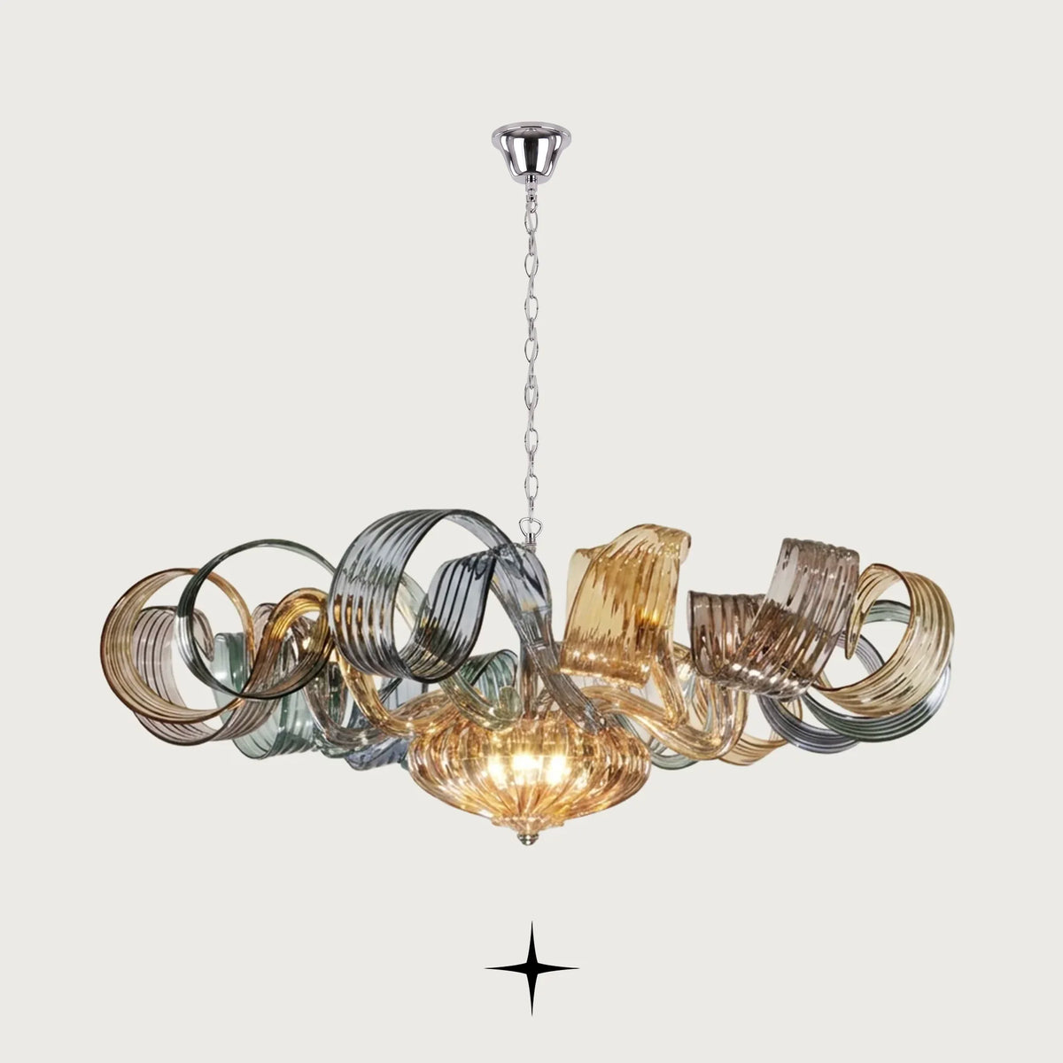 A modern multi-light chandelier featuring swirling ribbed glass shades in amber, smoky brown, and translucent gray, suspended by a silver chain against a light gray background.