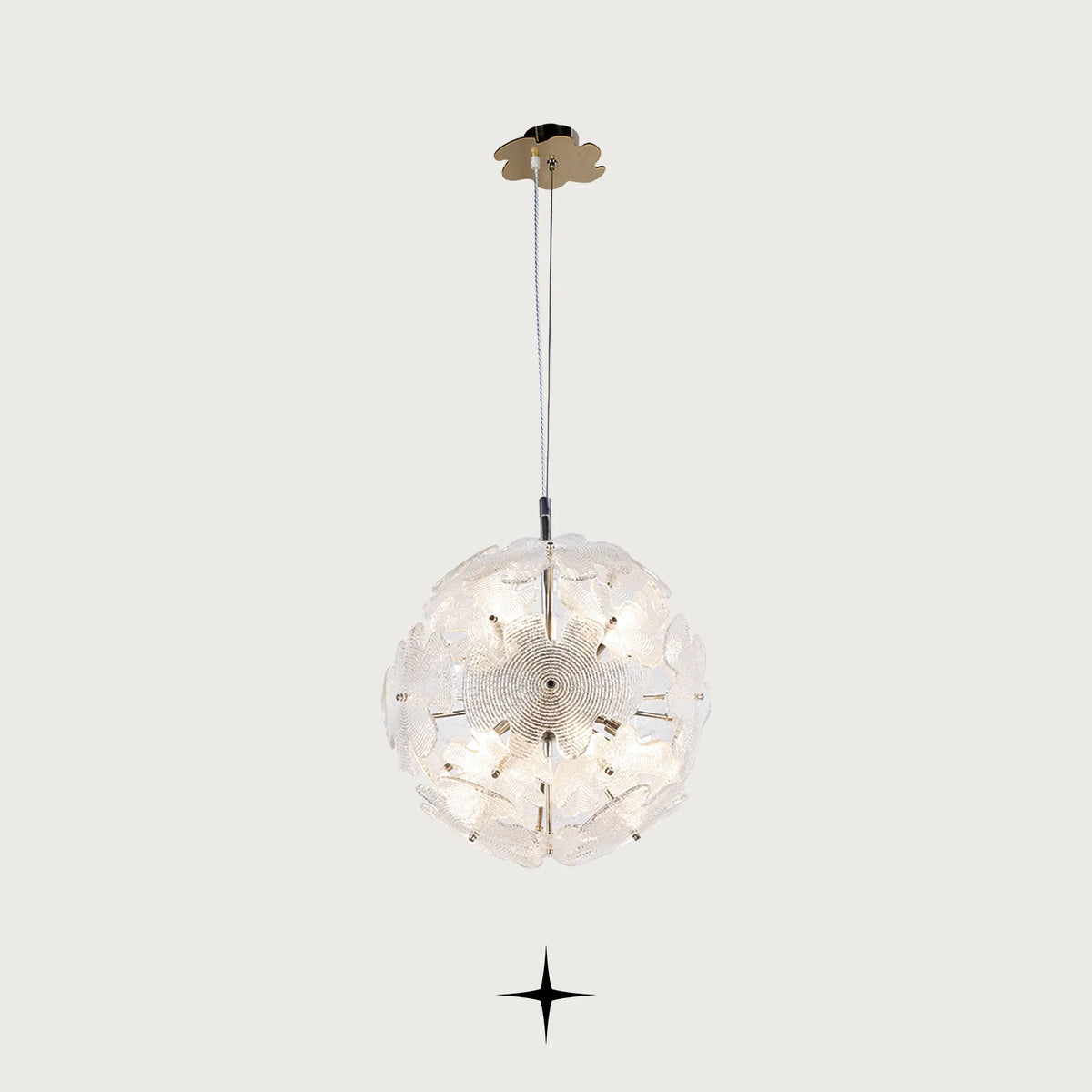 Nika spherical glass flower chandelier with golden nickel structure on dark background