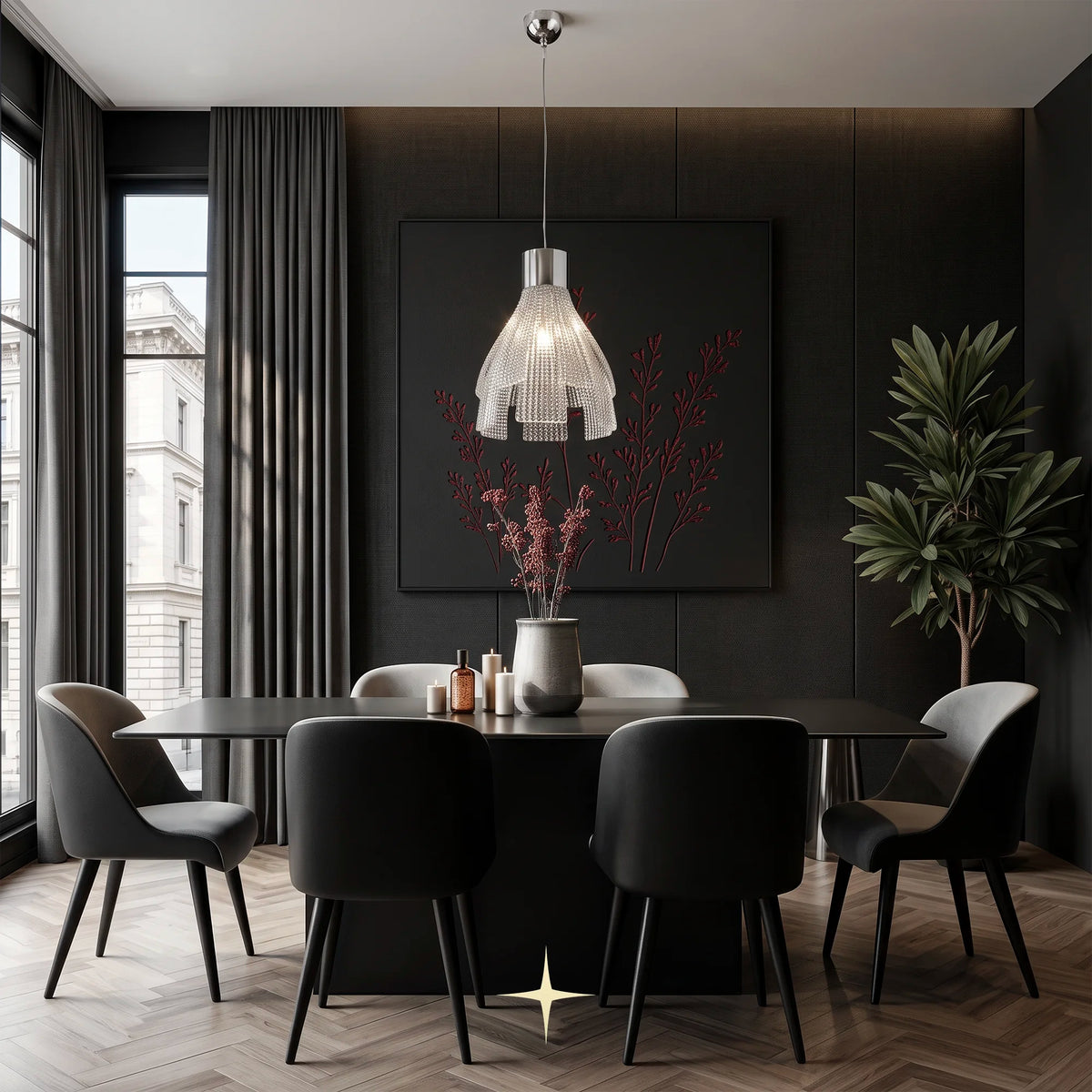 Pair of Nina glass leaf pendant lights suspended over a dark oval dining table against wood slat wall dec