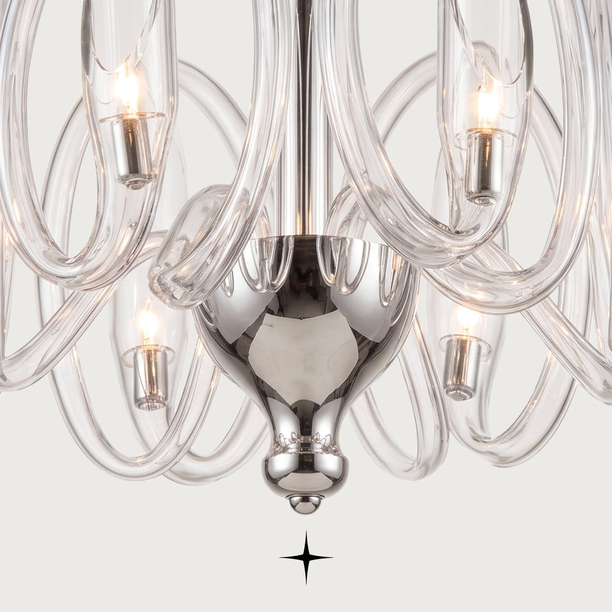 Oasis Chandelier featuring interlocking smoky crystal glass rings and elegant curved arms