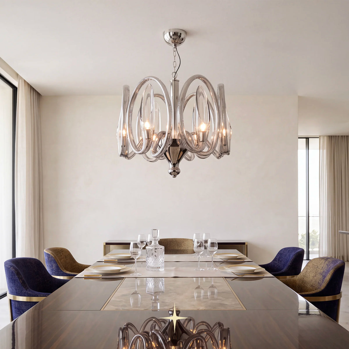Oasis Chandelier featuring interlocking smoky crystal glass rings and elegant curved arms