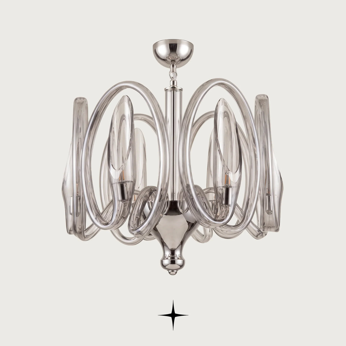 Oasis Chandelier featuring interlocking smoky crystal glass rings and elegant curved arms