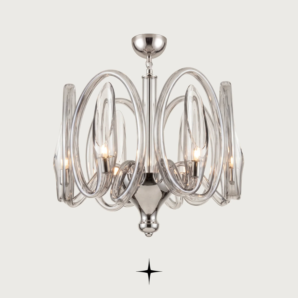 Oasis Chandelier featuring interlocking smoky crystal glass rings and elegant curved arms