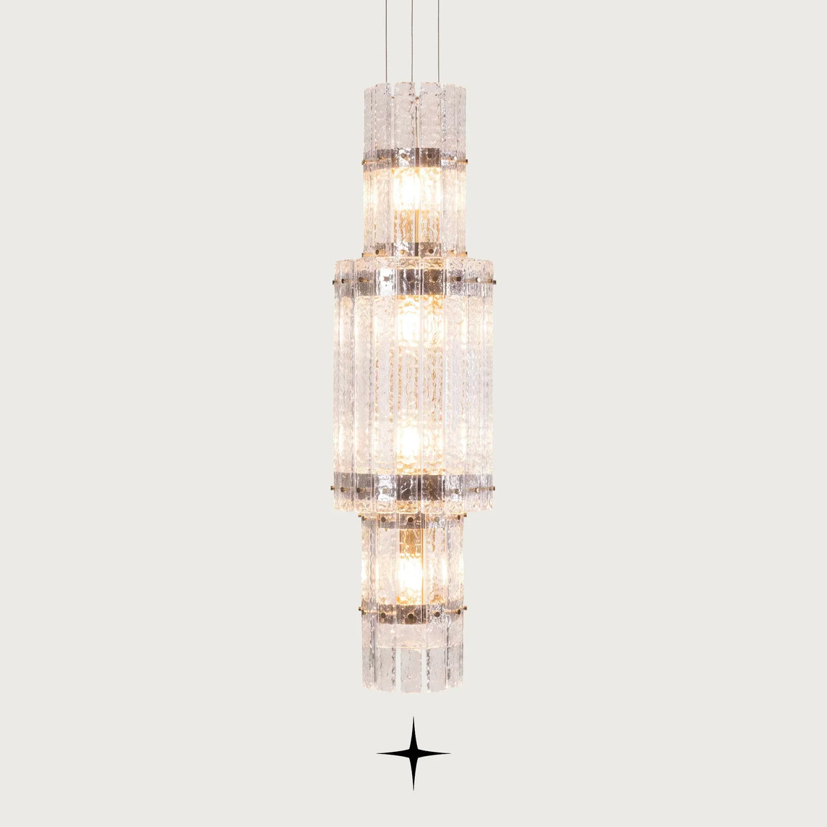 One Level Chime vertical rock-crystal effect glass column chandelier on light grey background