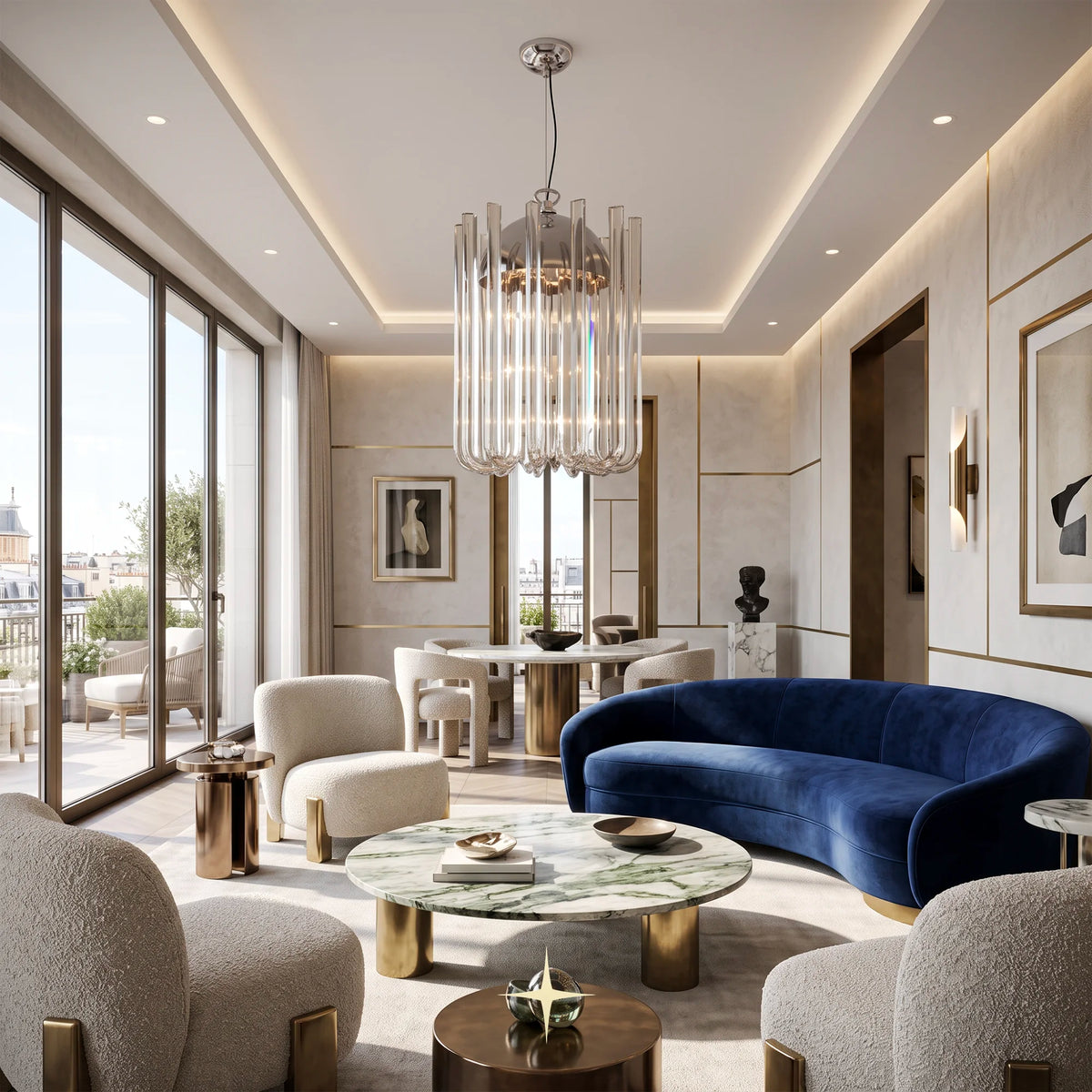 Opalina Chandelier featuring chic elongated vertical crystal arms in exquisite colors and two sizes