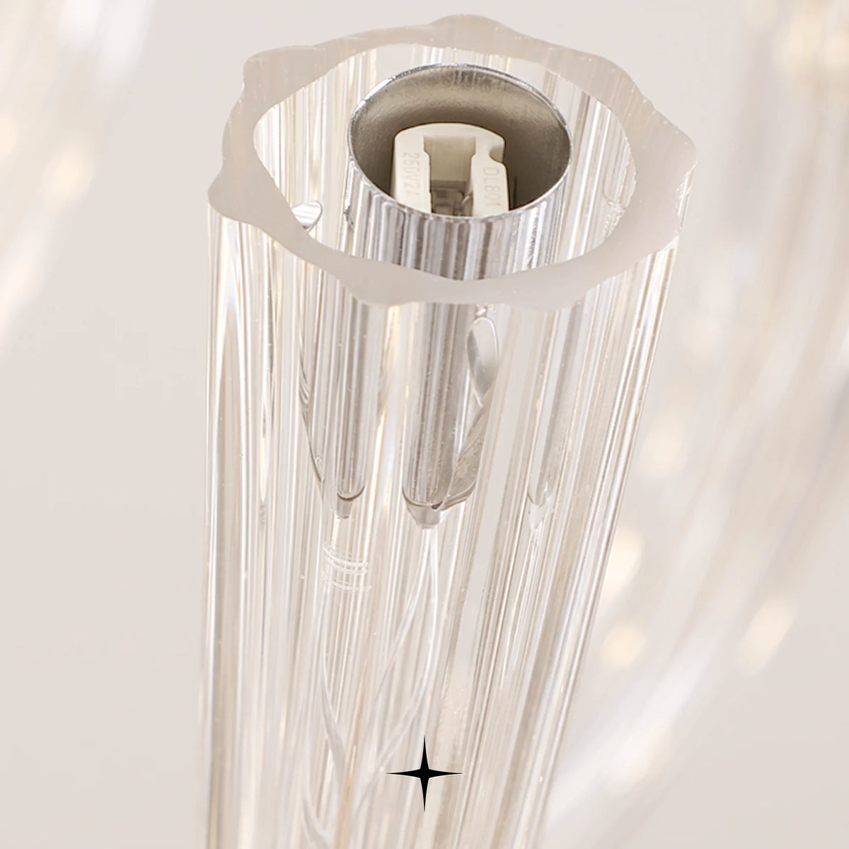 Close-up detail of curved Bohemian crystal glass arms on Oval Bliss chandelier