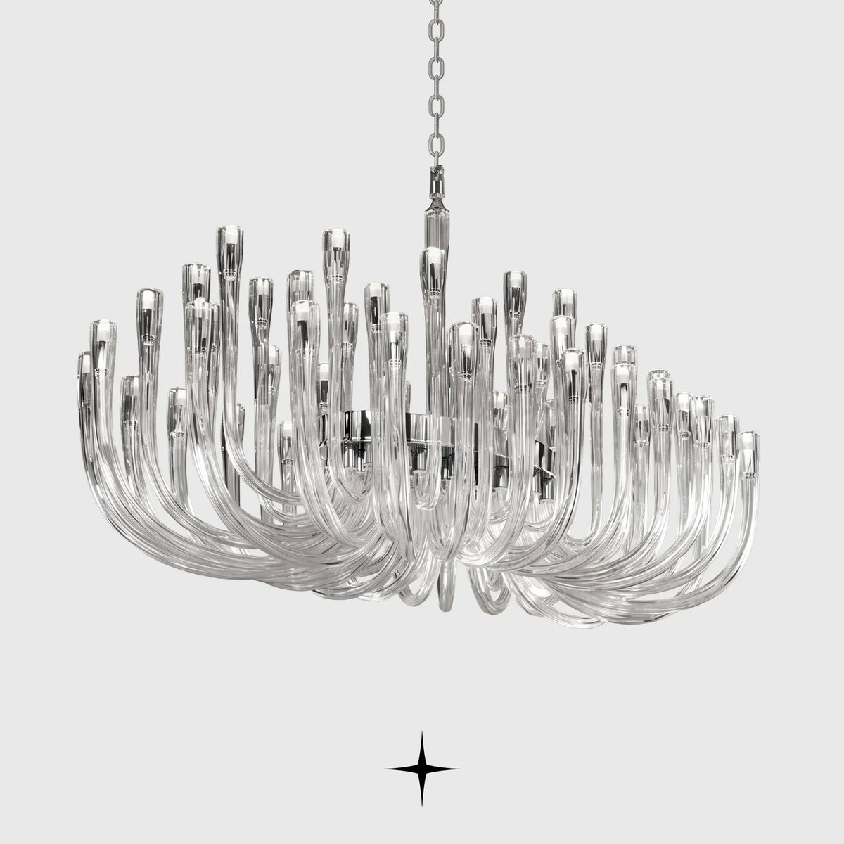Linear Shellina Seashell Glass Chandelier featuring a horizontal arrangement of cascading seashell glass shades.