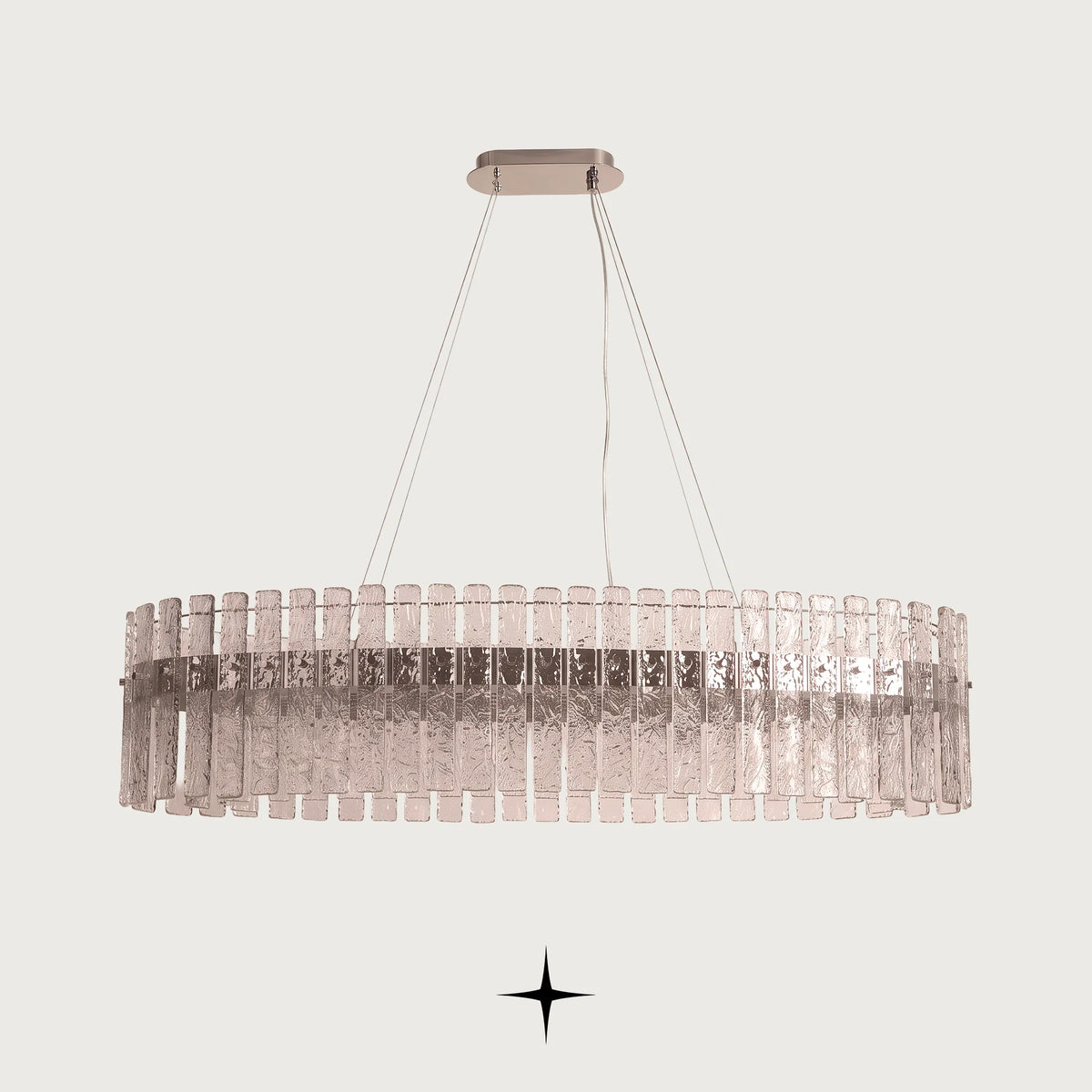Full view of Oval Chime linear chandelier showing oval frame and sparkling light output