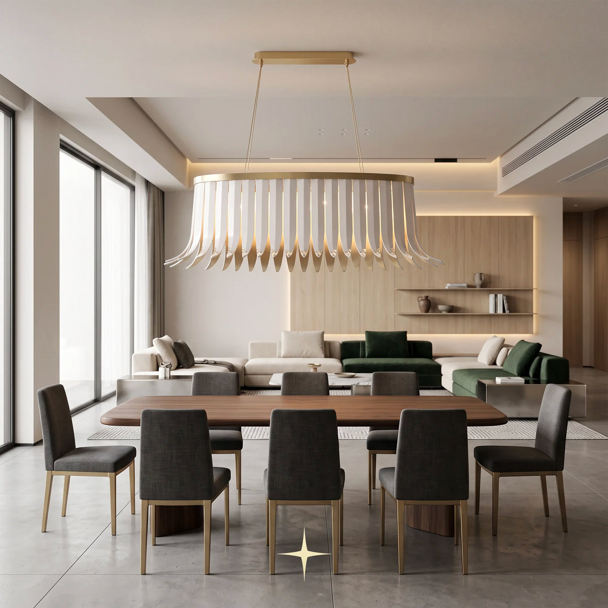 Oval Elan chandelier featuring chic dress-like crystal wings and sophisticated oval configuration