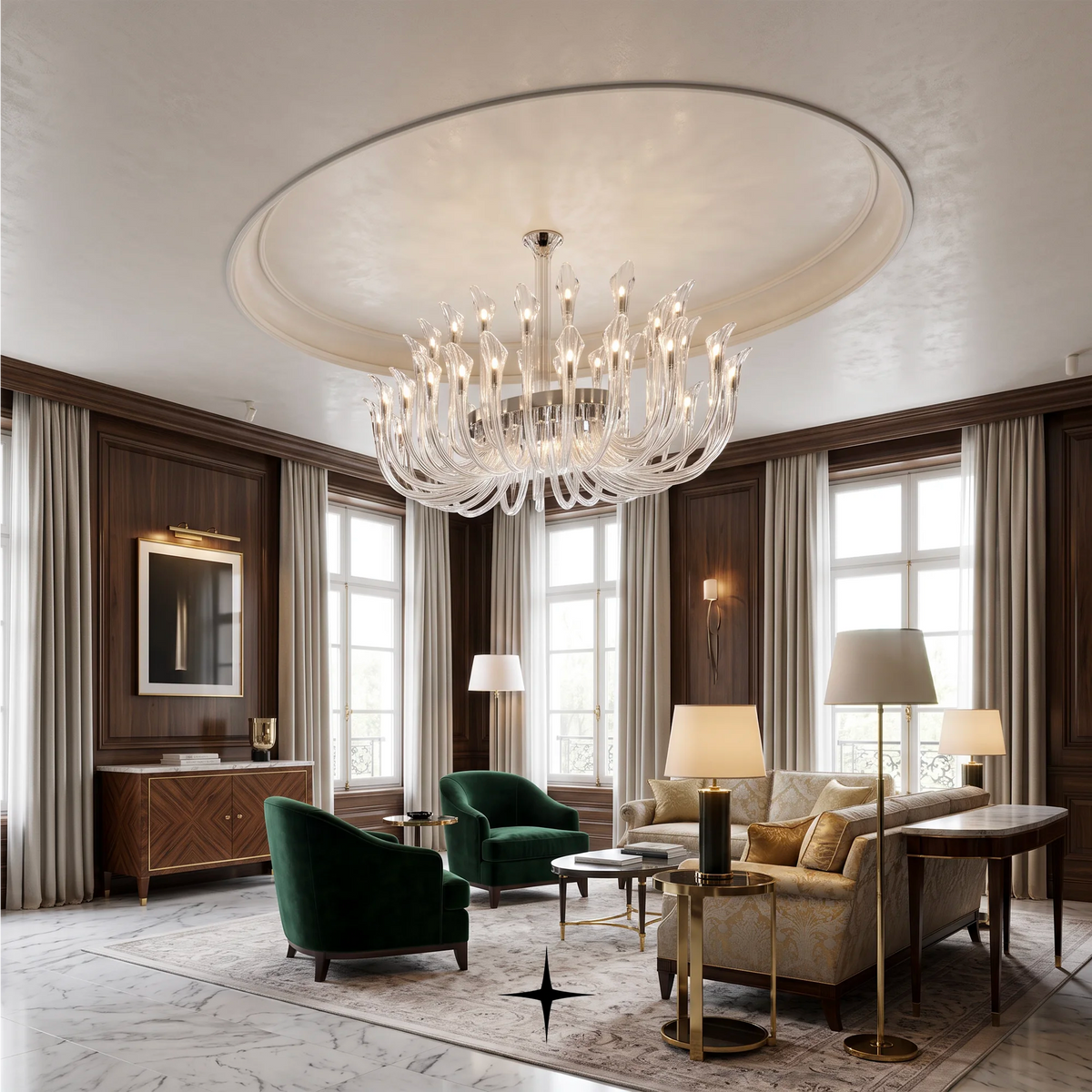Oval Flare luxury chandelier featuring radiating crystal tendrils and polished chrome oval canopy with clear curved glass tubes hangs in an elegant, high-ceilinged living room with dark wood paneling, green velvet armchairs, and cream sofas.