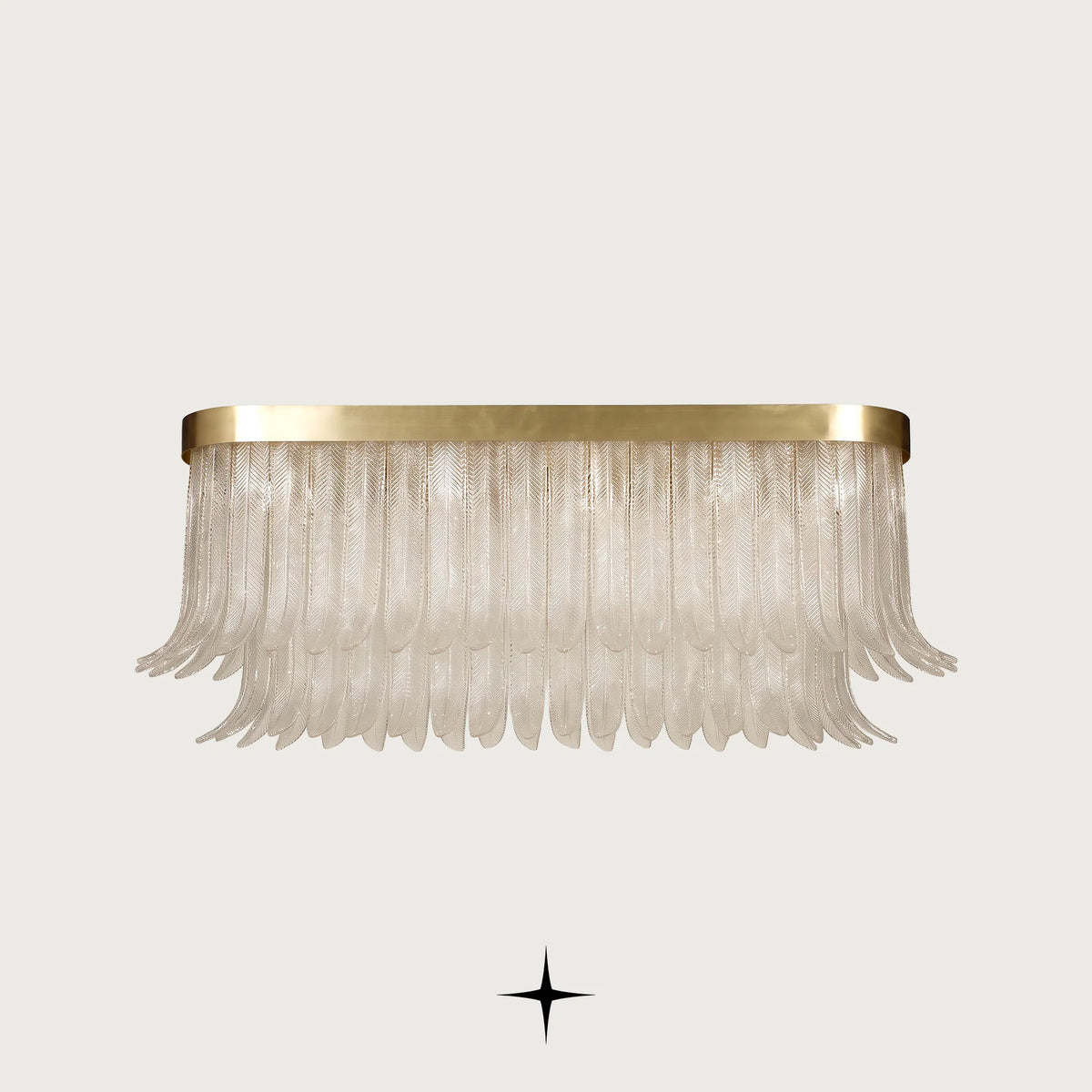 Oval Golden Falls chandelier with handcrafted glass feather diffusers and brass frame