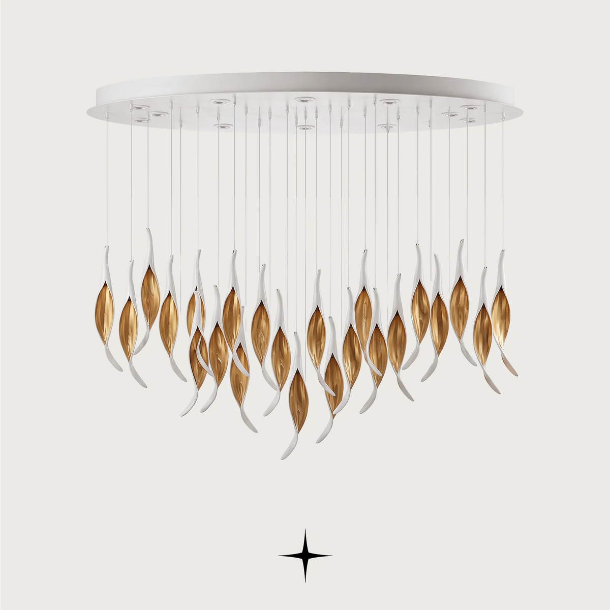 A modern oval-marble-aura-chandelier chandelier pendant lamp with a circular white ceiling mount, thin suspension wires, and multiple gold and amber glass leaf-shaped pendants, shown against a light gray background.