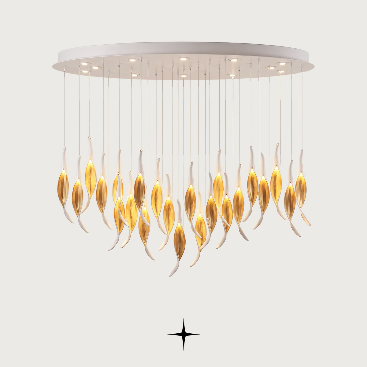 A modern oval-marble-aura-chandelier chandelier pendant lamp with a circular white ceiling mount, thin suspension wires, and multiple gold and amber glass leaf-shaped pendants, shown against a light gray background.