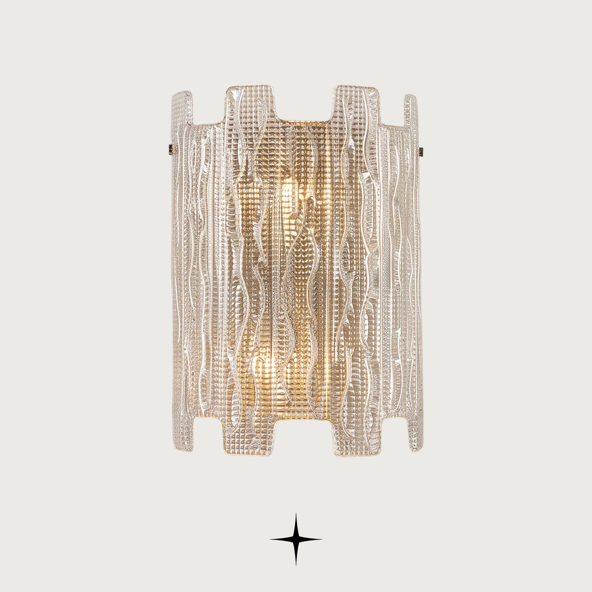 Paloma Murano style textured glass wall sconce illuminated on a light grey background